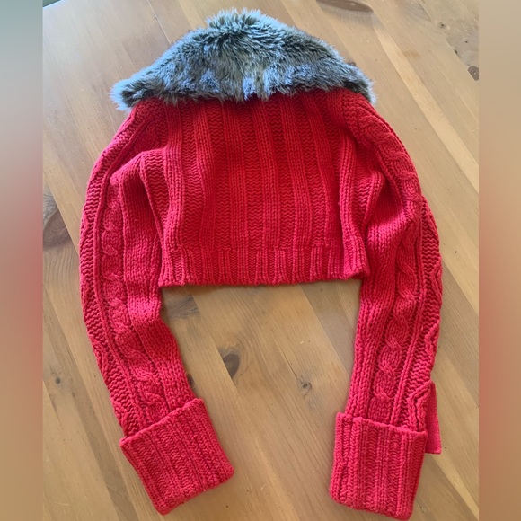 Red Cropped Faux Fur Cardigan - Picture 5 of 5
